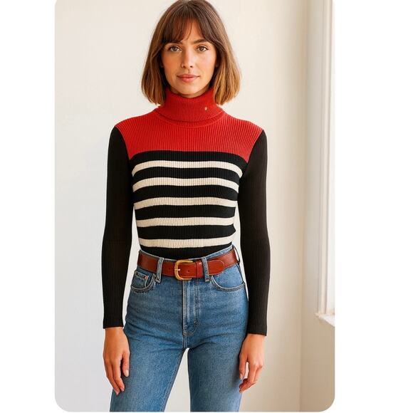 Ralph Lauren Classic Preppy Navy Striped And Ribbed Knit Turtleneck With Logo - Picture 1 of 8